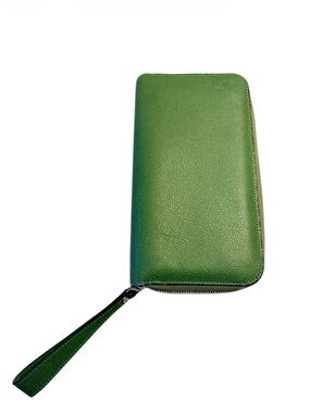 VALEXTRA Grass Green Zip-Around Wristlet Travel Wallet